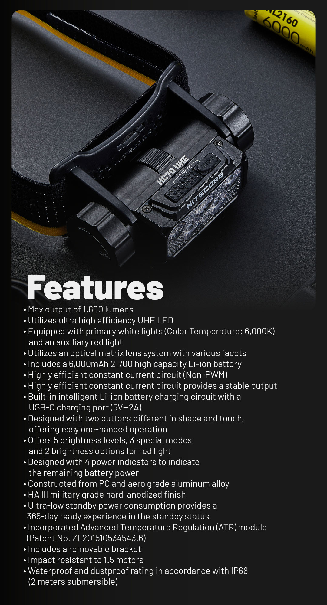 NITECORE HC70 UHE ヘッドランプ 1600lm 6000mAh NITECORE HC70 UHE High Performance 21700 Rechargeable Work Headlamp