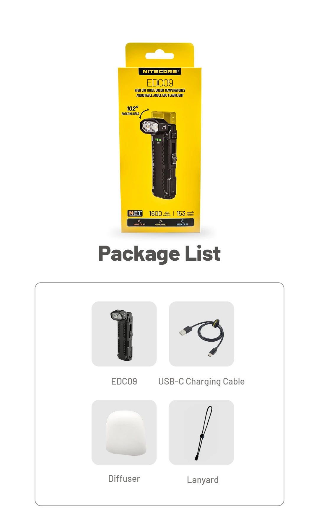 NITECORE EDC09 High CRI Three Color Temperatures Adjustable Angle