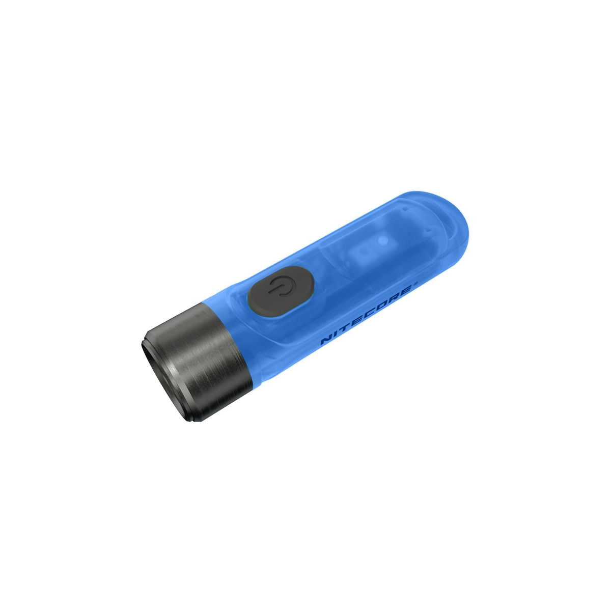 Nitecore TIKI GITD Blue – modro žiariace fosforeskujúce telo a kovová hlava pri pohľade zboku